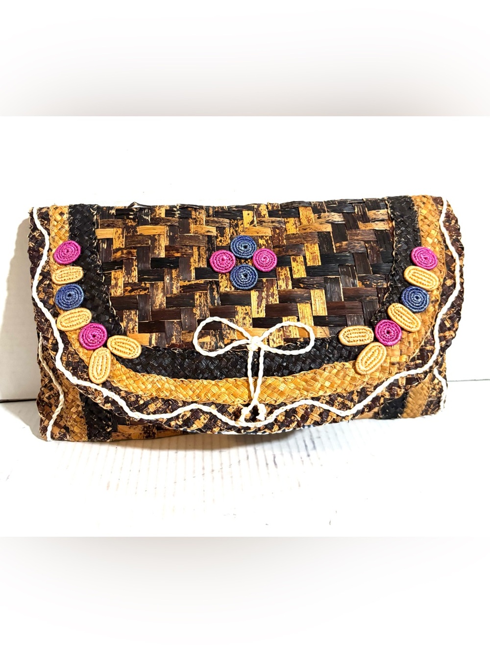 Woven Brown & Tan Clutch with Pink and Blue Accents